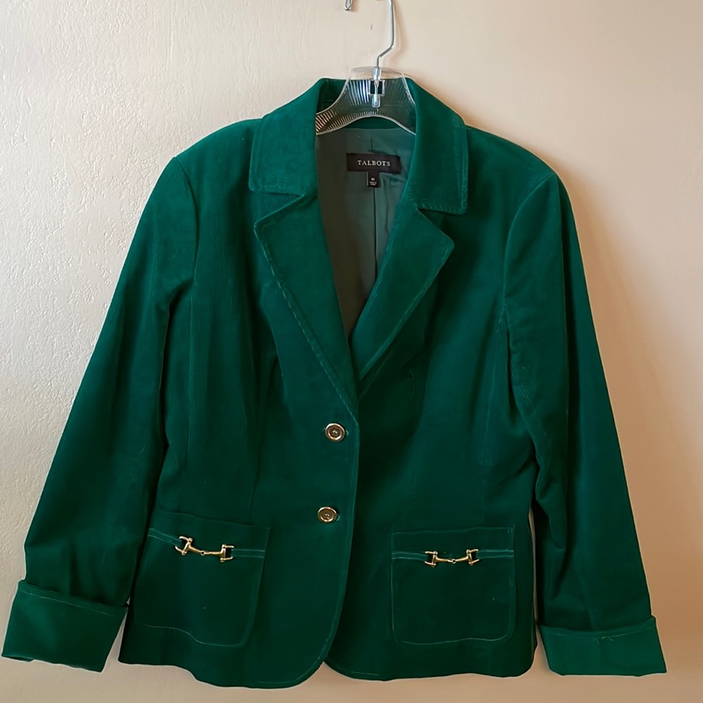 Talbots green corduroy blazer with gold details